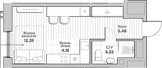 Планировка: Студия 25,3 м² в ЖК «ИНДИВО»