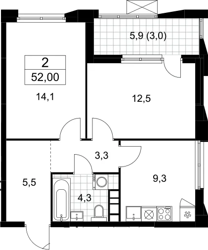 Планировка: 2-комнатная квартира 49 м² в ЖК «Бунинские кварталы»