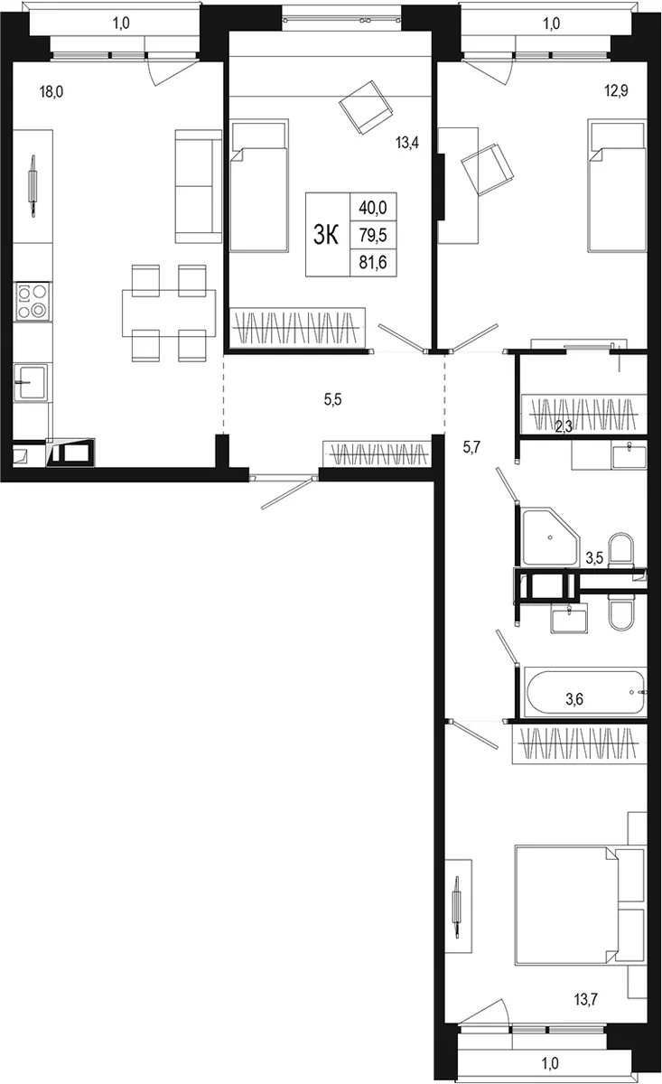 Планировка: 3-комнатная квартира 81,9 м² в ЖК «Новая Щербинка»