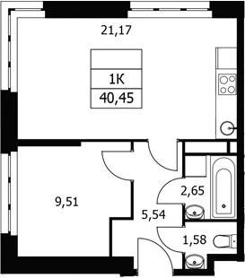 Планировка: 1-комнатная квартира 40,5 м² в ЖК «Волковская 67»