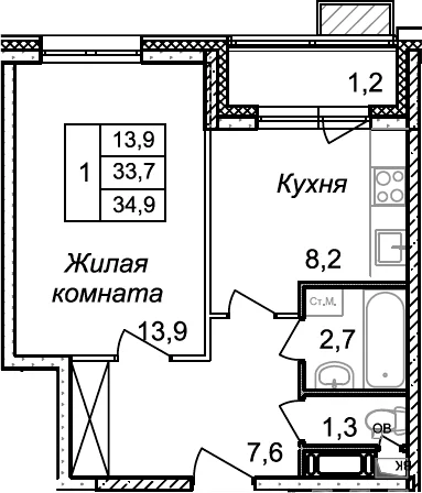 Планировка: 1-комнатная квартира 33,7 м² в ЖК «Квартал Светлый»