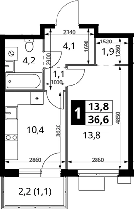 Планировка: 1-комнатная квартира 35,5 м² в ЖК «1-й Измайловский»