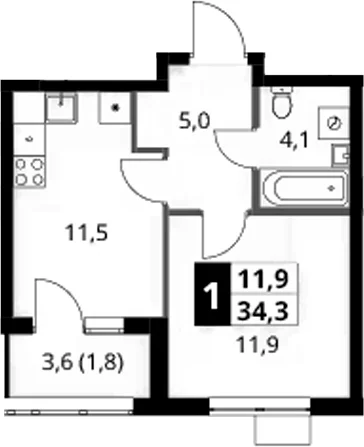Планировка: 1-комнатная квартира 32,5 м² в ЖК «1-й Ясеневский»