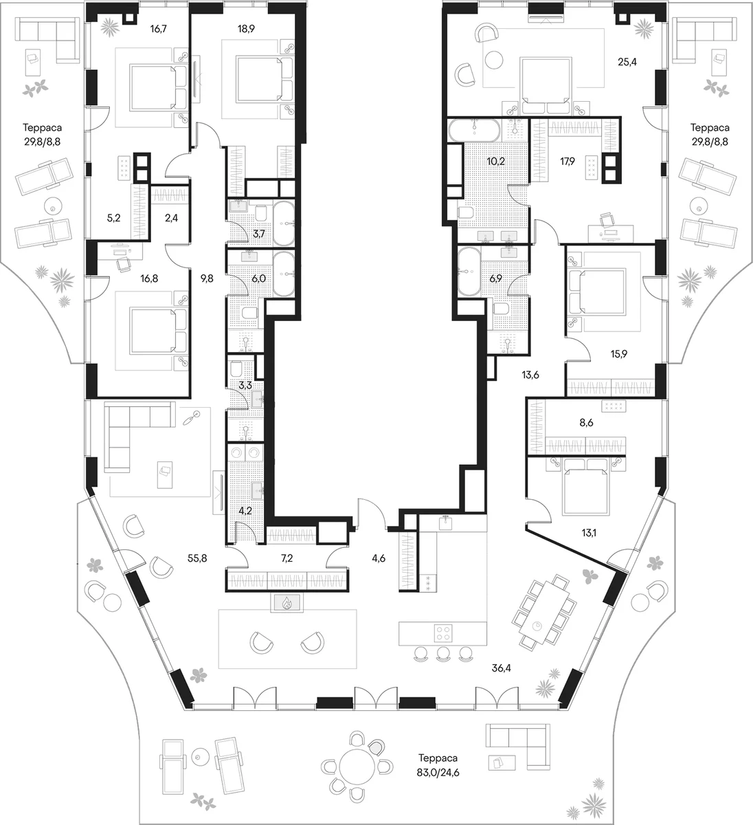 Планировка: 6-комнатная квартира 302,8 м² в ЖК «Клубный город на реке Примавера»