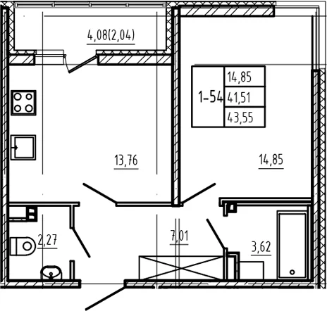 Планировка: 1-комнатная квартира 41,5 м² в ЖК «Новая история»