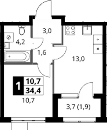 Планировка: 1-комнатная квартира 32,5 м² в ЖК «1-й Ясеневский»