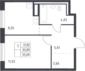 Планировка: 1-комнатная квартира 33,1 м² в ЖК «Квартал Лаголово»