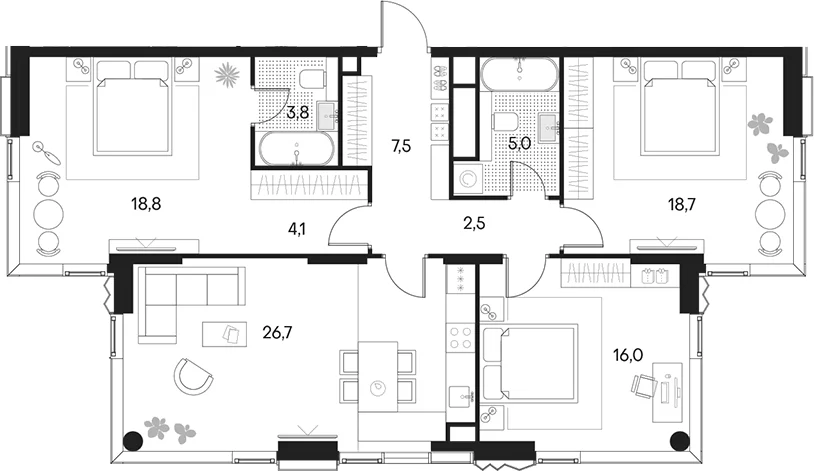Планировка: Квартира евро-4 102,9 м² в ЖК «Клубный город на реке Примавера»
