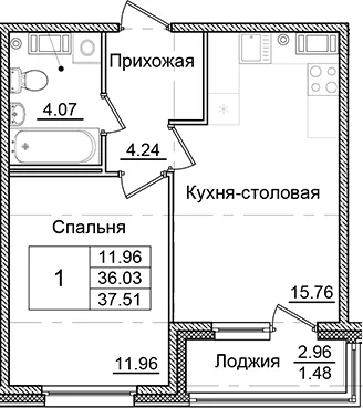 Планировка: 1-комнатная квартира 36 м² в ЖК «Квартал Заречье»