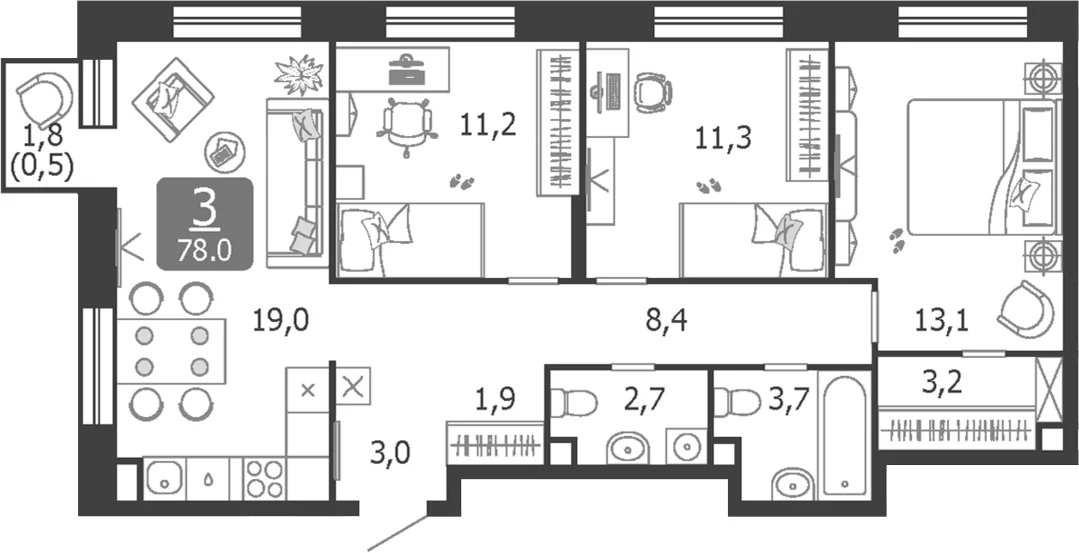 Планировка: Квартира евро-4 77,5 м² в ЖК «Шагал»
