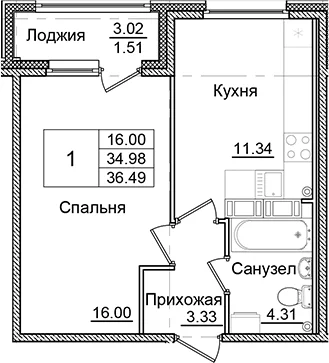 Планировка: 1-комнатная квартира 35 м² в ЖК «Квартал Заречье»