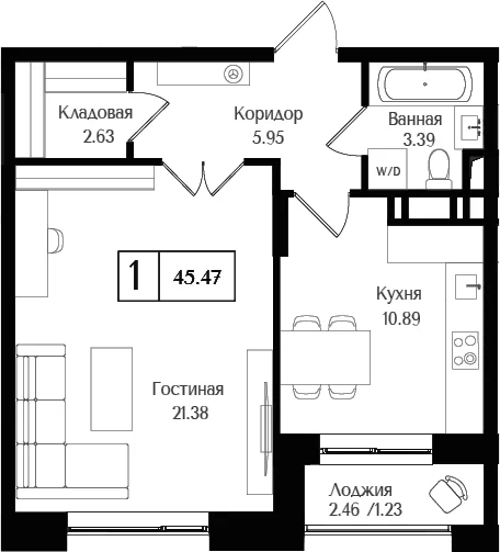 Планировка: 1-комнатная квартира 44,2 м² в ЖК «Преображенская площадь»