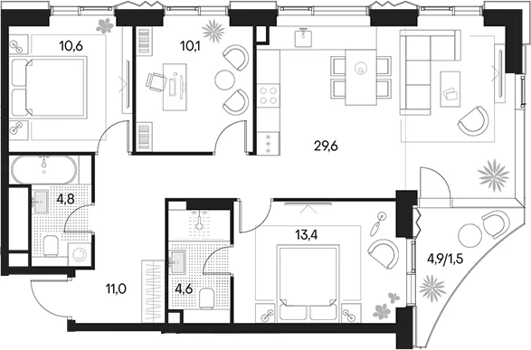 Планировка: Квартира евро-4 84,1 м² в ЖК «Клубный город на реке Примавера»