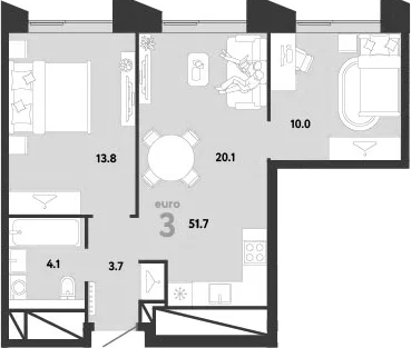 Планировка: Евротрёшка 51,7 м² в ЖК «Страна.Заречная»