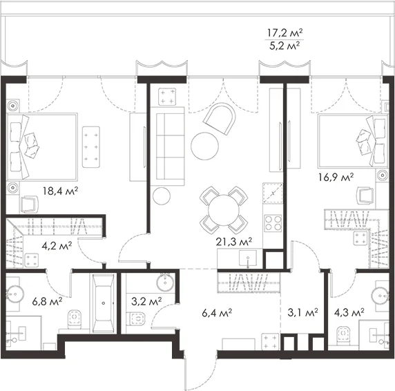 Планировка: Евротрёшка 84,6 м² в ЖК «КИНГ&САНС»