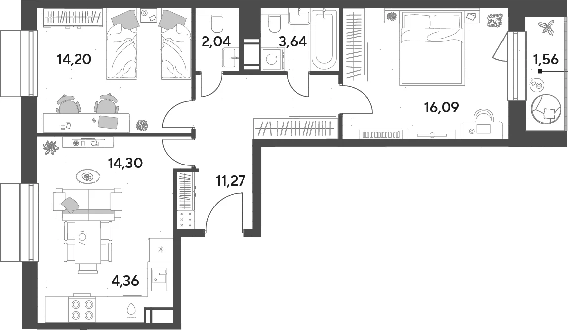 Планировка: Евротрёшка 65,9 м² в ЖК «Публицист»