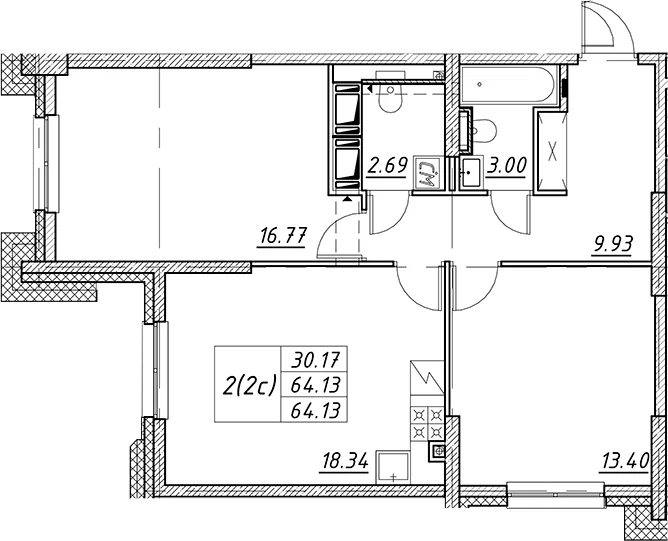 Планировка: Евротрёшка 64,1 м² в ЖК «Цивилизация на Неве»