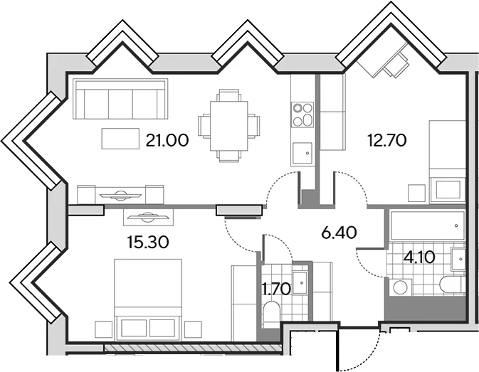 Планировка: Евротрёшка 61,2 м² в ЖК «Вейв»