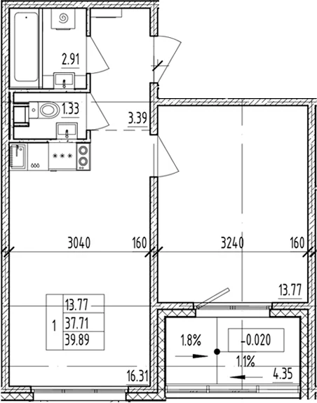 Планировка: 1-комнатная квартира 37,7 м² в ЖК «ЛесАрт»