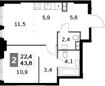 Планировка: Евродвушка 43,8 м² в ЖК «Сидней Сити»