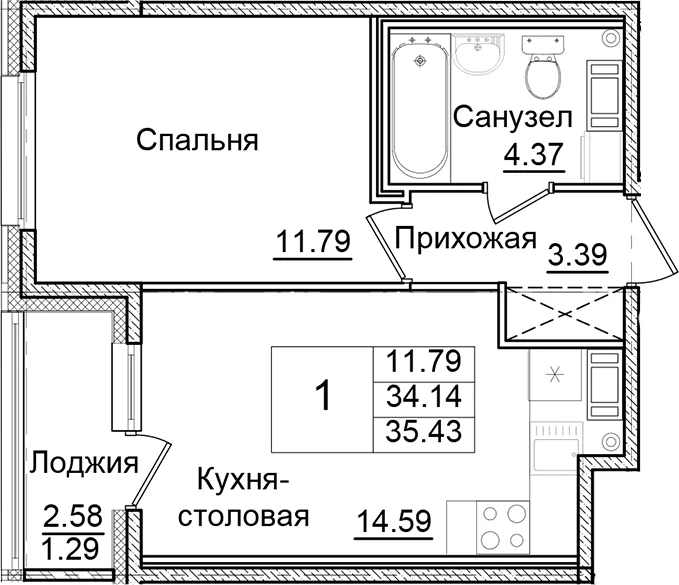 Планировка: 1-комнатная квартира 34,1 м² в ЖК «Квартал Заречье»