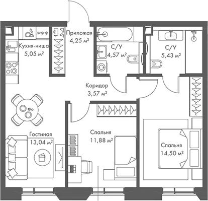 Планировка: Евротрёшка 62,3 м² в ЖК «МИРА»