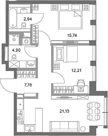 Планировка: 2-комнатная квартира 64,7 м² в ЖК «ФАЙВ ТАУЭРС»