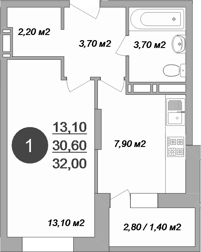 Планировка: 1-комнатная квартира 30,6 м² в ЖК «Новые Островцы»