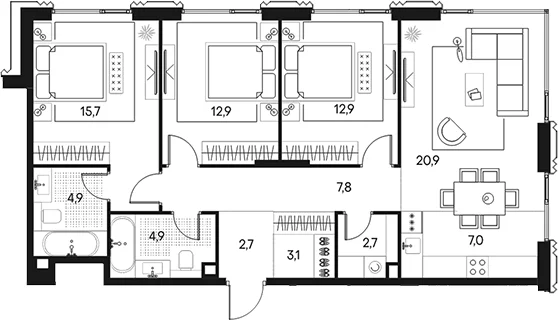 Планировка: Квартира евро-4 95,5 м² в ЖК «Клубный город на реке Примавера»