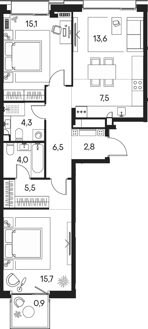 Планировка: Евротрёшка 75 м² в ЖК «Клубный город на реке Примавера»