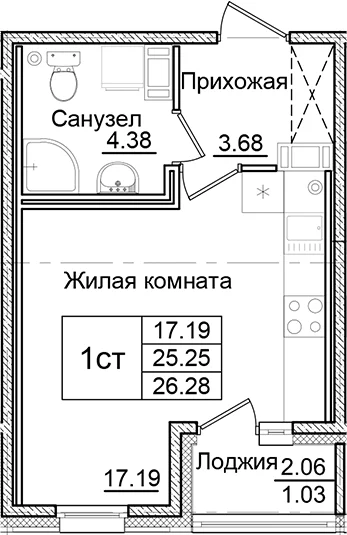 Планировка: Студия 25,3 м² в ЖК «Квартал Заречье»