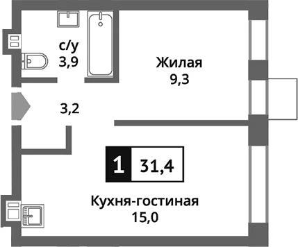 Планировка: Евродвушка 31,4 м² в ЖК «Никольский квартал Отрада»