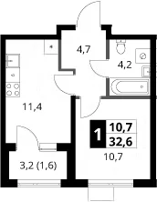 Планировка: 1-комнатная квартира 31 м² в ЖК «1-й Ясеневский»