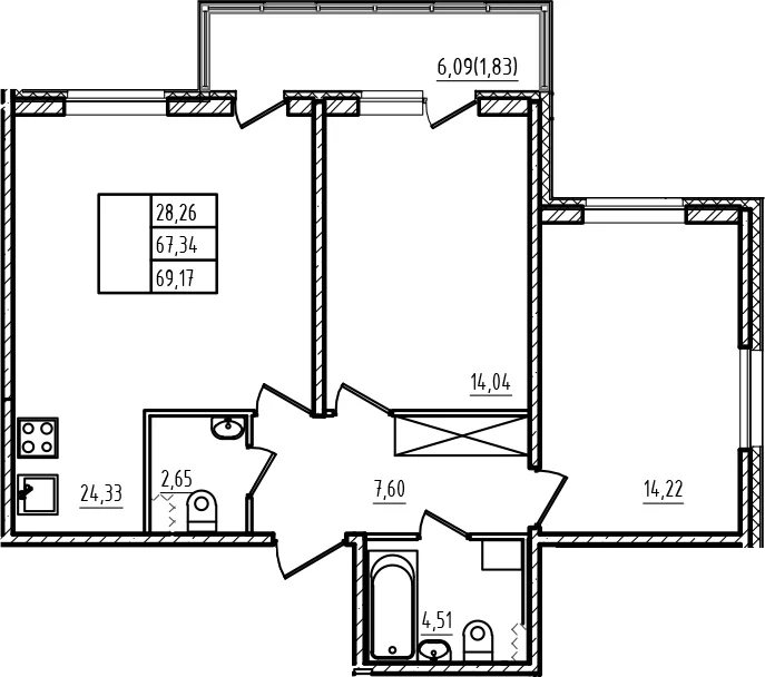 Планировка: Евротрёшка 67,3 м² в ЖК «Новая история»