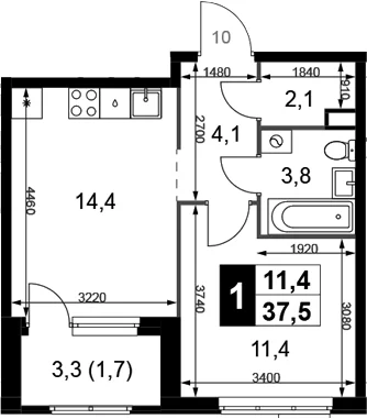 Планировка: 1-комнатная квартира 35,8 м² в ЖК «1-й Химкинский»