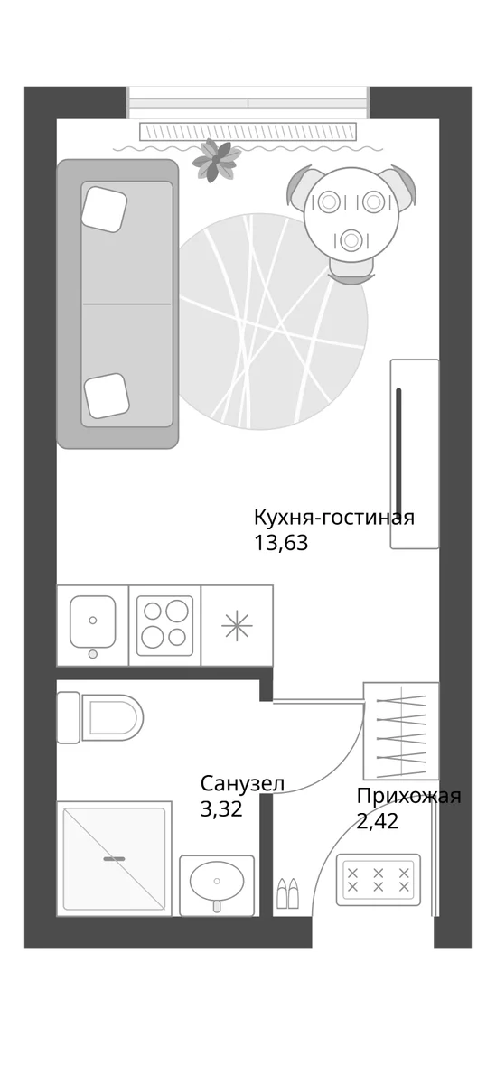 Планировка: Студия 19,4 м² в ЖК «Апарт-комплекс Первый Зеленый»