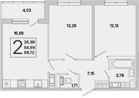 Планировка: 2-комнатная квартира 54,7 м² в ЖК «ЮгТаун. Олимпийские кварталы»