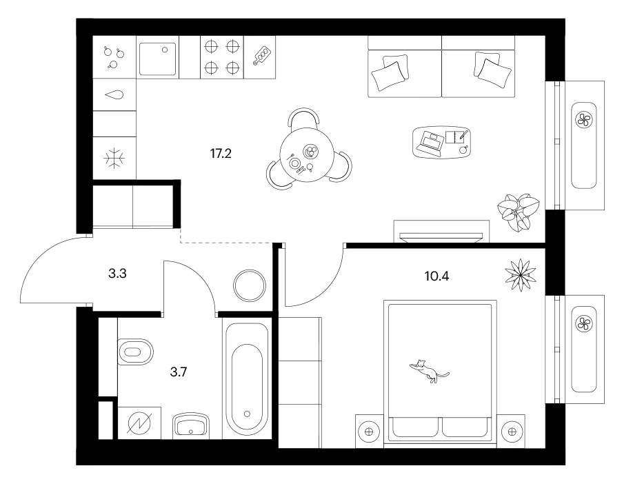 Планировка: 1-комнатная квартира 34,6 м² в ЖК «Ярославский»