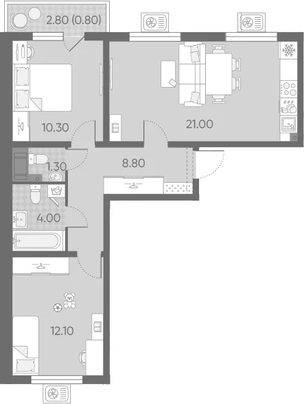 Планировка: Евротрёшка 57,5 м² в ЖК «Ручьи 2»