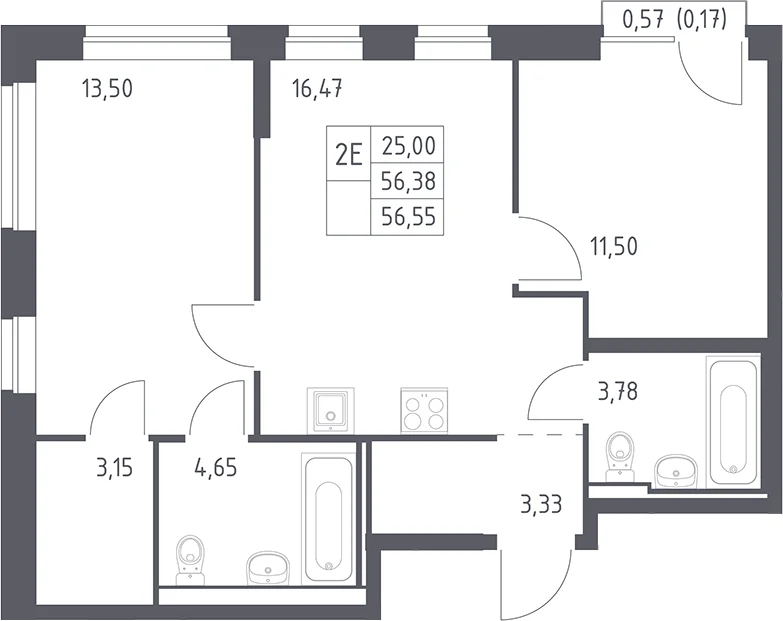 Планировка: Евротрёшка 56,4 м² в ЖК «Рублевский квартал»