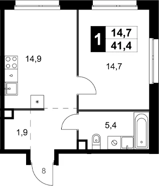 Планировка: 1-комнатная квартира 41,4 м² в ЖК «Симоновский Вал»