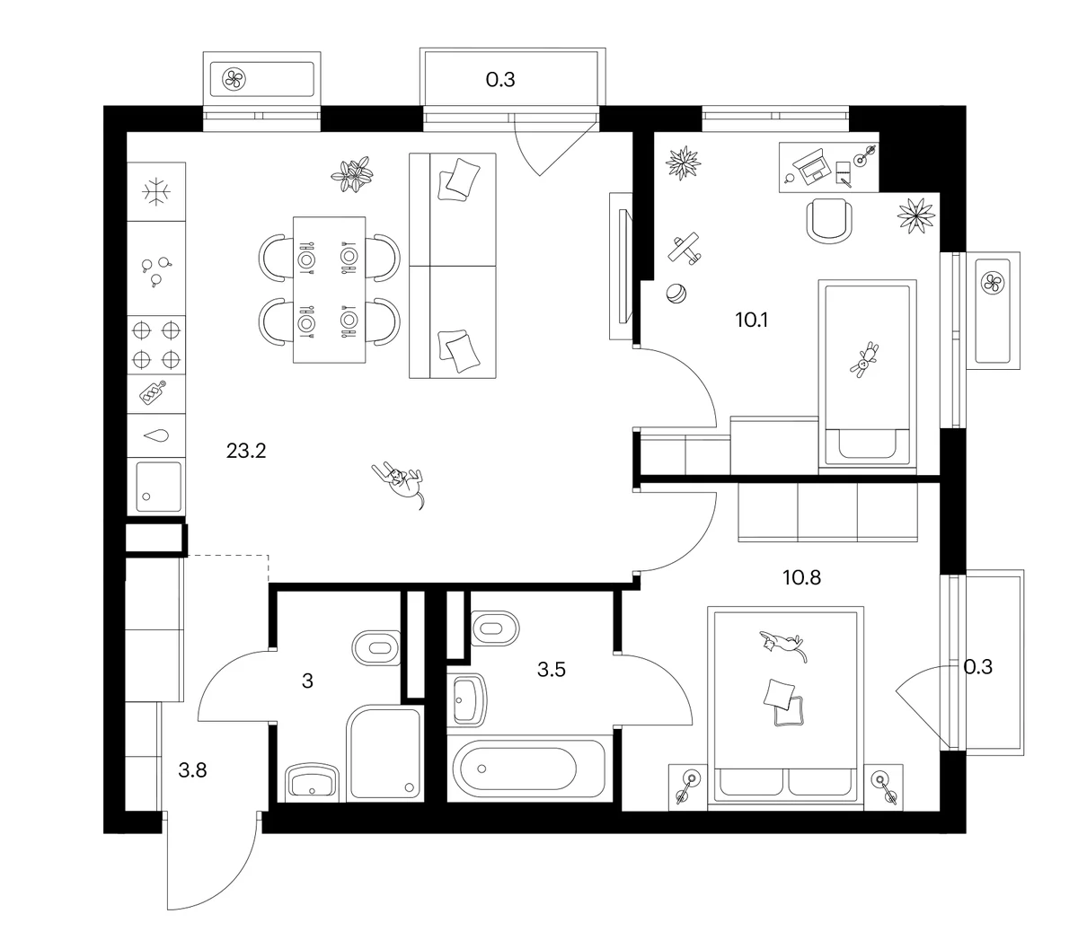 Планировка: 2-комнатная квартира 54,4 м² в ЖК «Ярославский»