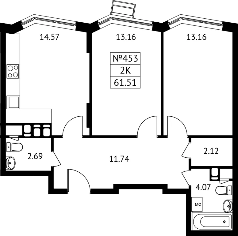Планировка: 2-комнатная квартира 61,5 м² в ЖК «Новотомилино»