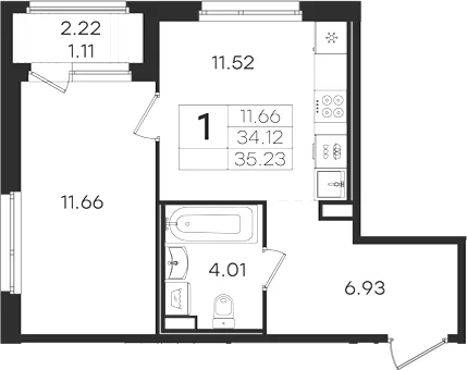 Планировка: 1-комнатная квартира 34,1 м² в ЖК «Романовка»