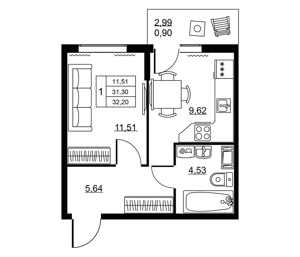 Планировка: 1-комнатная квартира 31,3 м² в ЖК «Пулковское, 34»