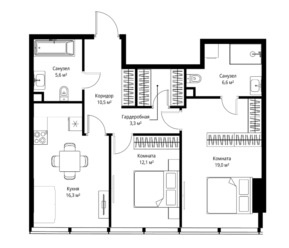 Планировка: Евротрёшка 73,4 м² в ЖК «ОНЕ»