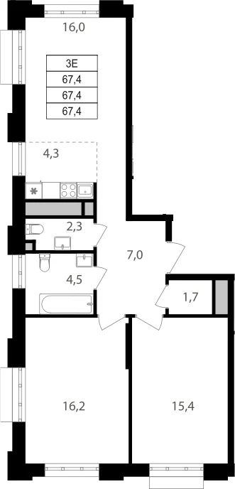 Планировка: Евротрёшка 67,4 м² в ЖК «Михалковский»