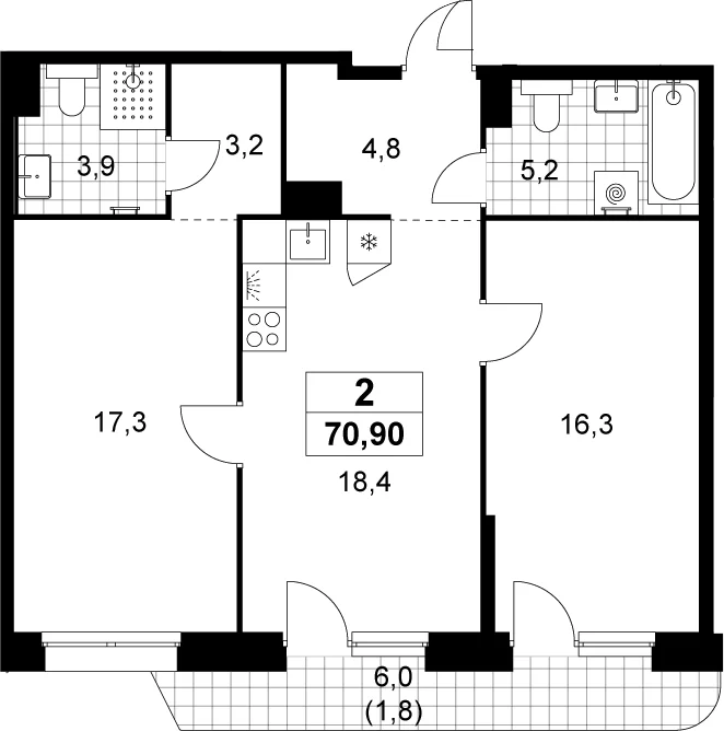 Планировка: Евротрёшка 69,1 м² в ЖК «Прокшино»