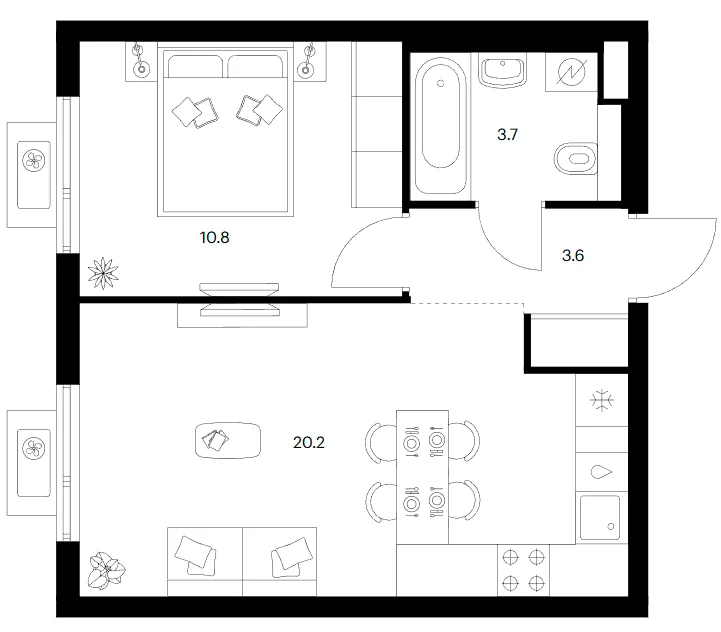 Планировка: 1-комнатная квартира 38,3 м² в ЖК «Белая Дача парк»