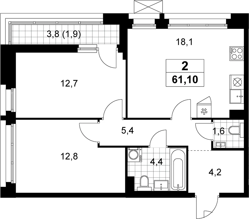Планировка: Евротрёшка 59,2 м² в ЖК «Прокшино»